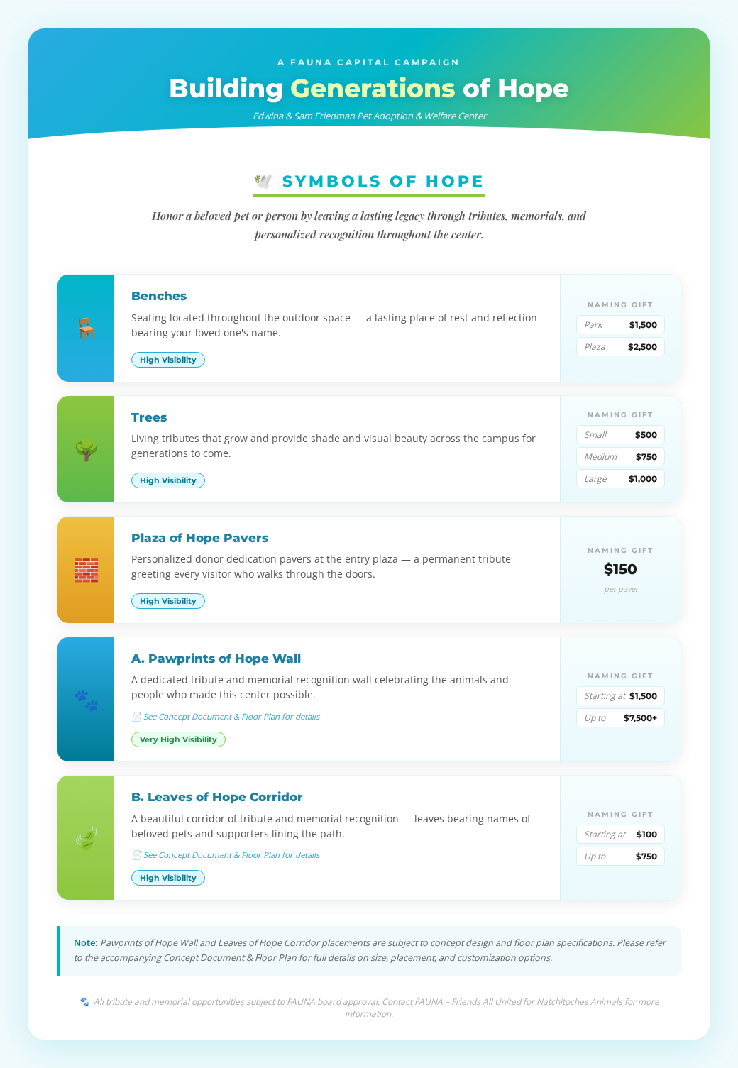 Symbols of Hope recognition opportunities and giving levels